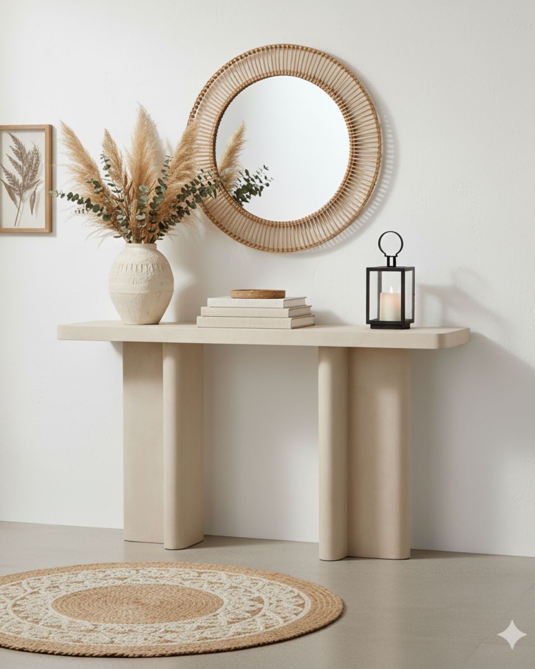 concrete console table with hand-applied chalk finish, subtle texture and sculptural T-shaped legs in a simple bohemian entry or living room