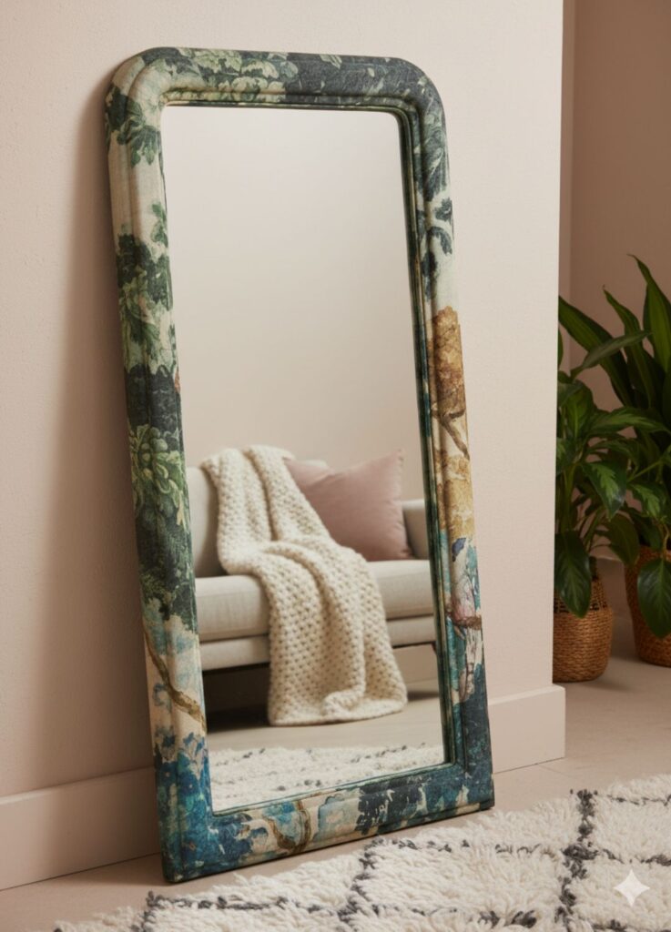 Tall upholstered fabric floor mirror in a boho chic living room with a rug and soft textures.