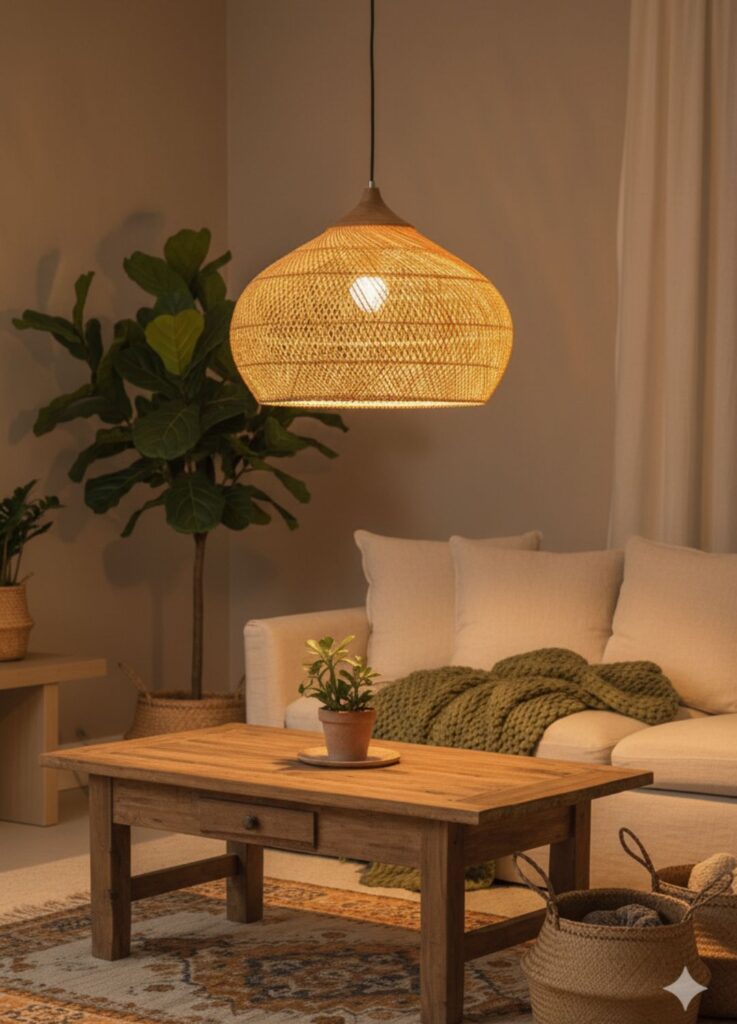 Rattan pendant light hanging in a boho chic living room with earthy tones and natural textures.