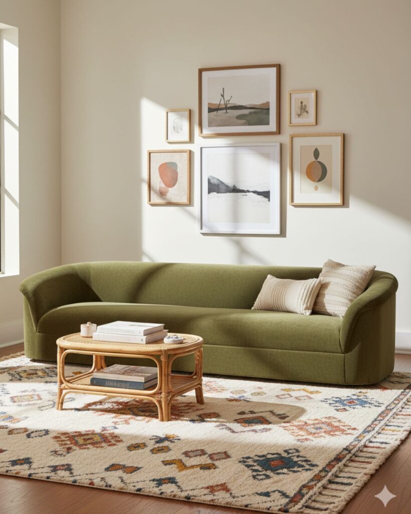 Velvet sofa with rolled arms in a boho chic living room with plants, brass accents