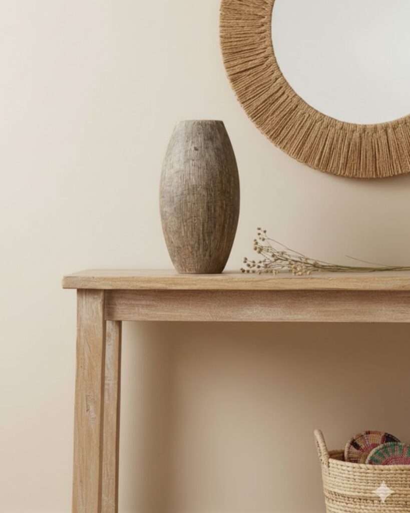 Set of textured brown ceramic vases on a console in a boho chic room with natural accents.