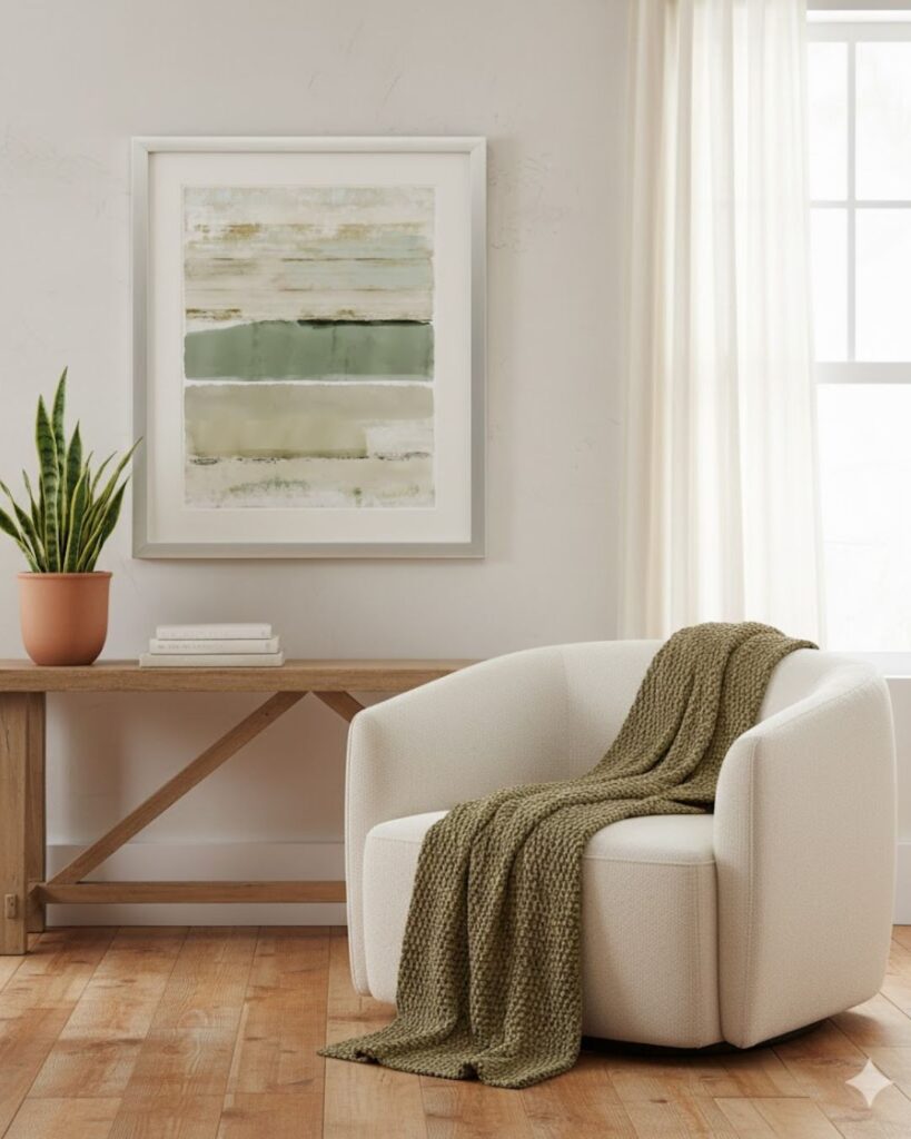 Silver framed abstract wall art in a boho chic living room with wood, boucle and soft textures.