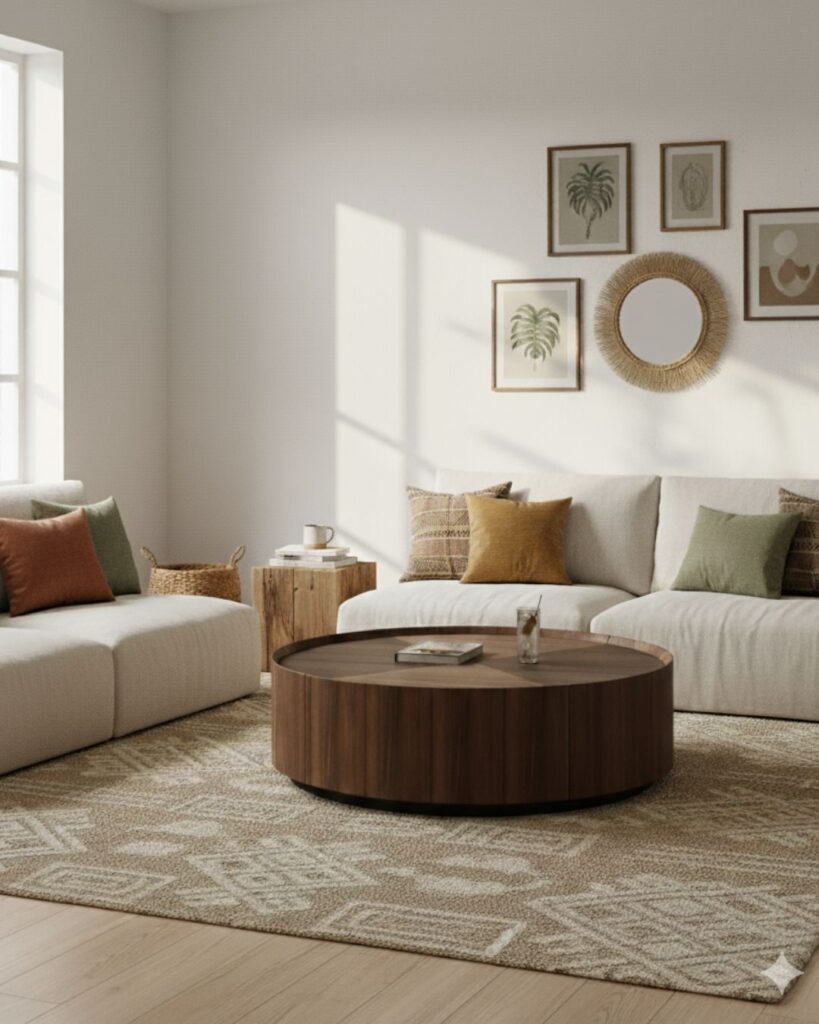Round walnut coffee table with two hidden storage drawers and black metal base in a natural boho living room