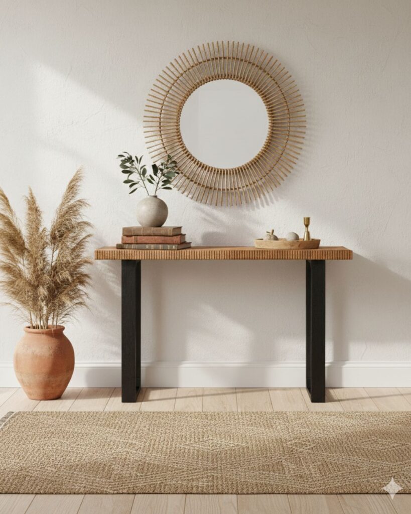 Hand-crafted solid wood console table, mid-tone honey finish, detailed ribbed edges, sled-style legs — warm and versatile for a bohemian living space