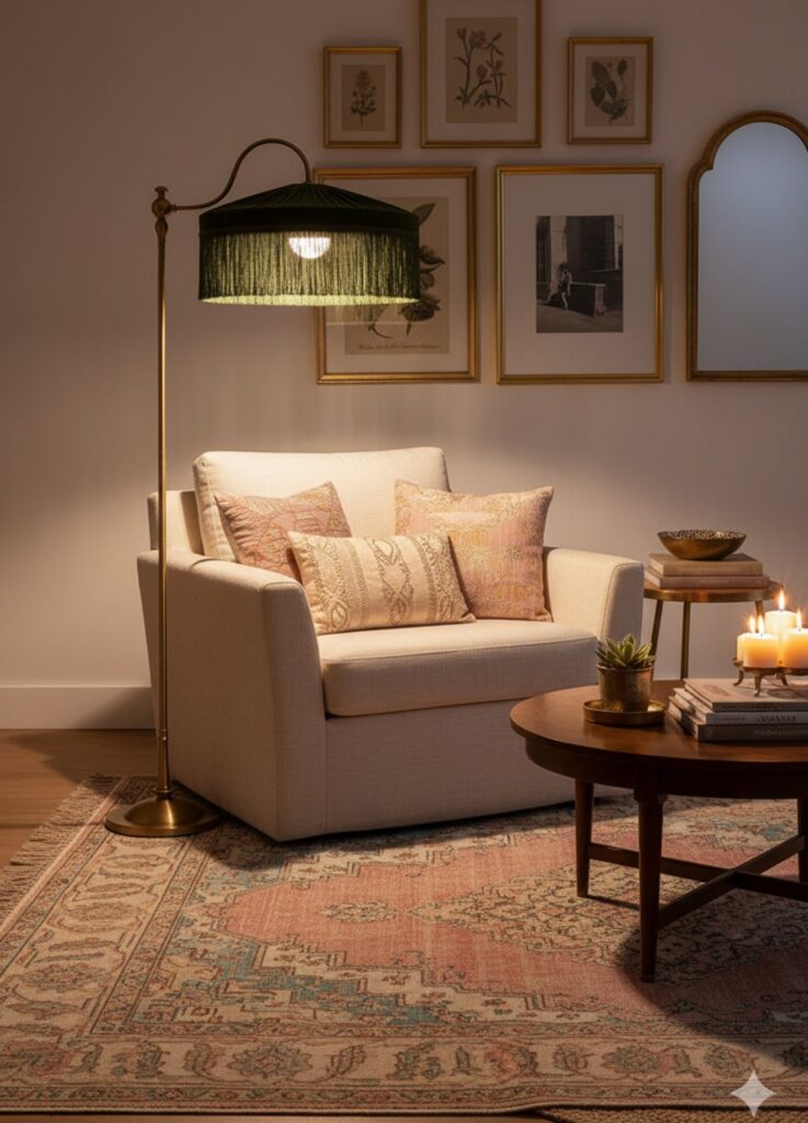 Velvet tasseled floor lamp adding soft light to a boho chic living room with vintage and modern touches.
