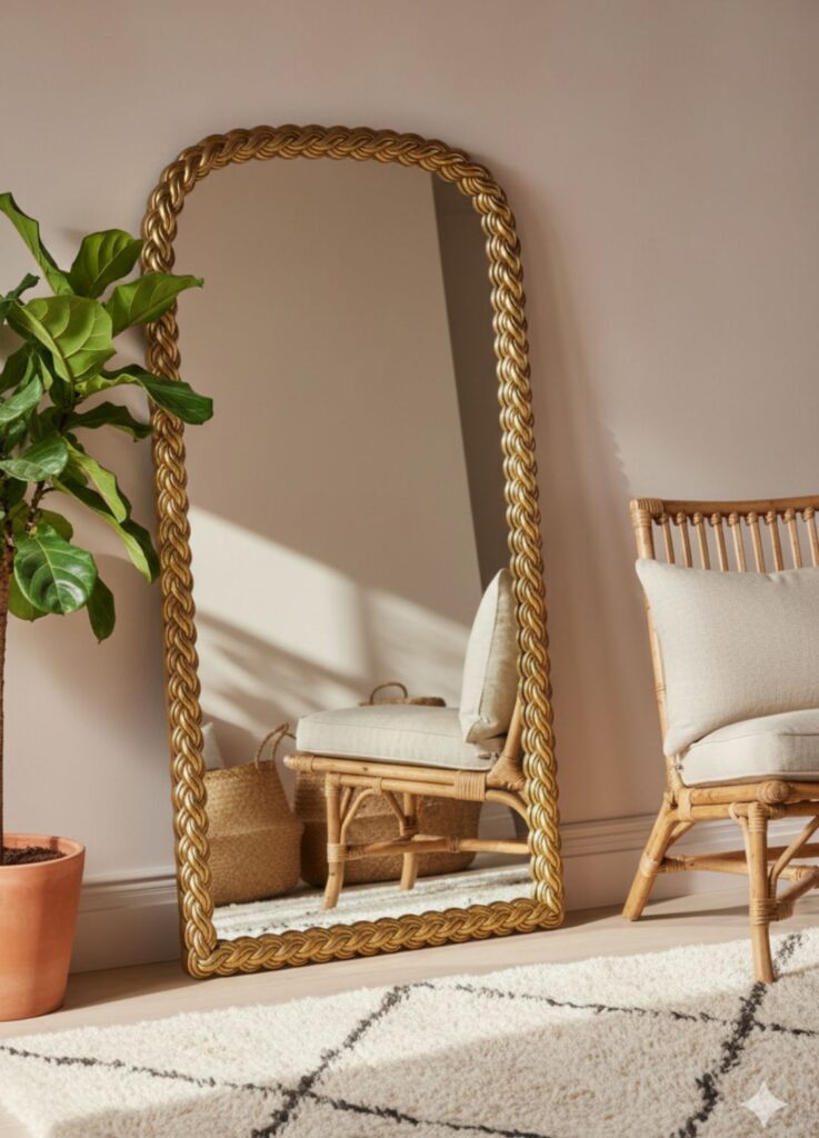 Gilded braided-chain arch floor mirror standing in a boho chic living room with natural textures and warm lighting.