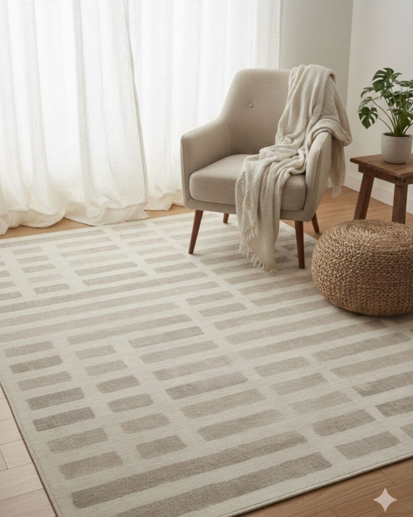 Laine Ivory & Natural tufted rug under a light armchair in a boho chic living room with natural textures.