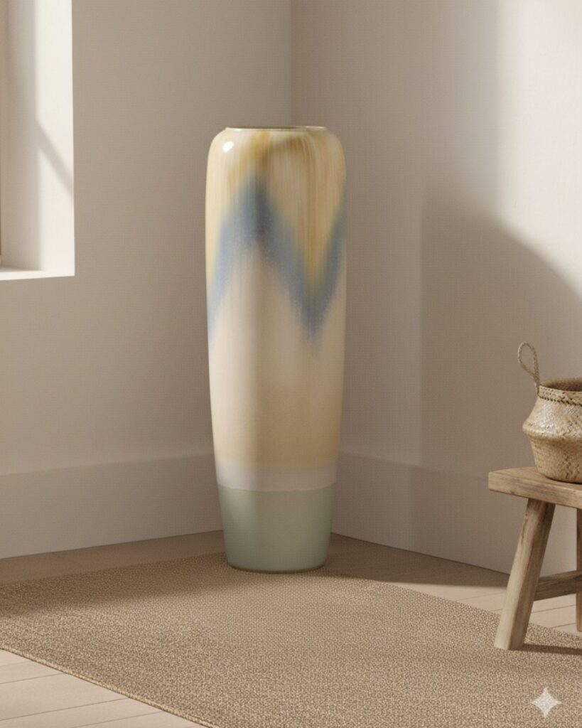 Tall ceramic vase with rain-effect glaze in a boho chic corner.