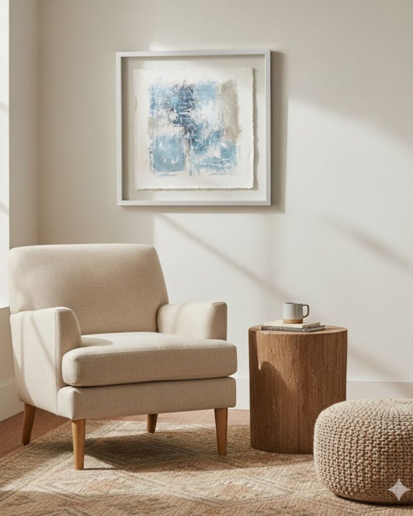 Hand-painted abstract framed glass & matted wall art in a boho chic room with natural fibres and muted palette.