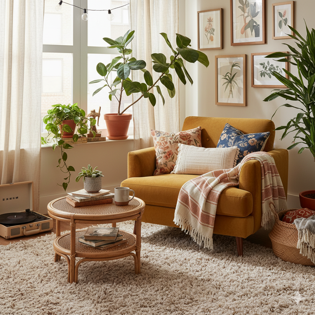 Bohemian reading nook with a armchair surrounded by cozy textures and natural decor.