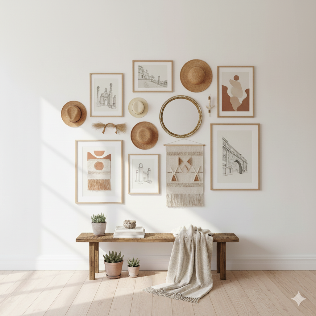 Neutral bohemian living room with layered wall art, and a light wood console table against a soft beige wall