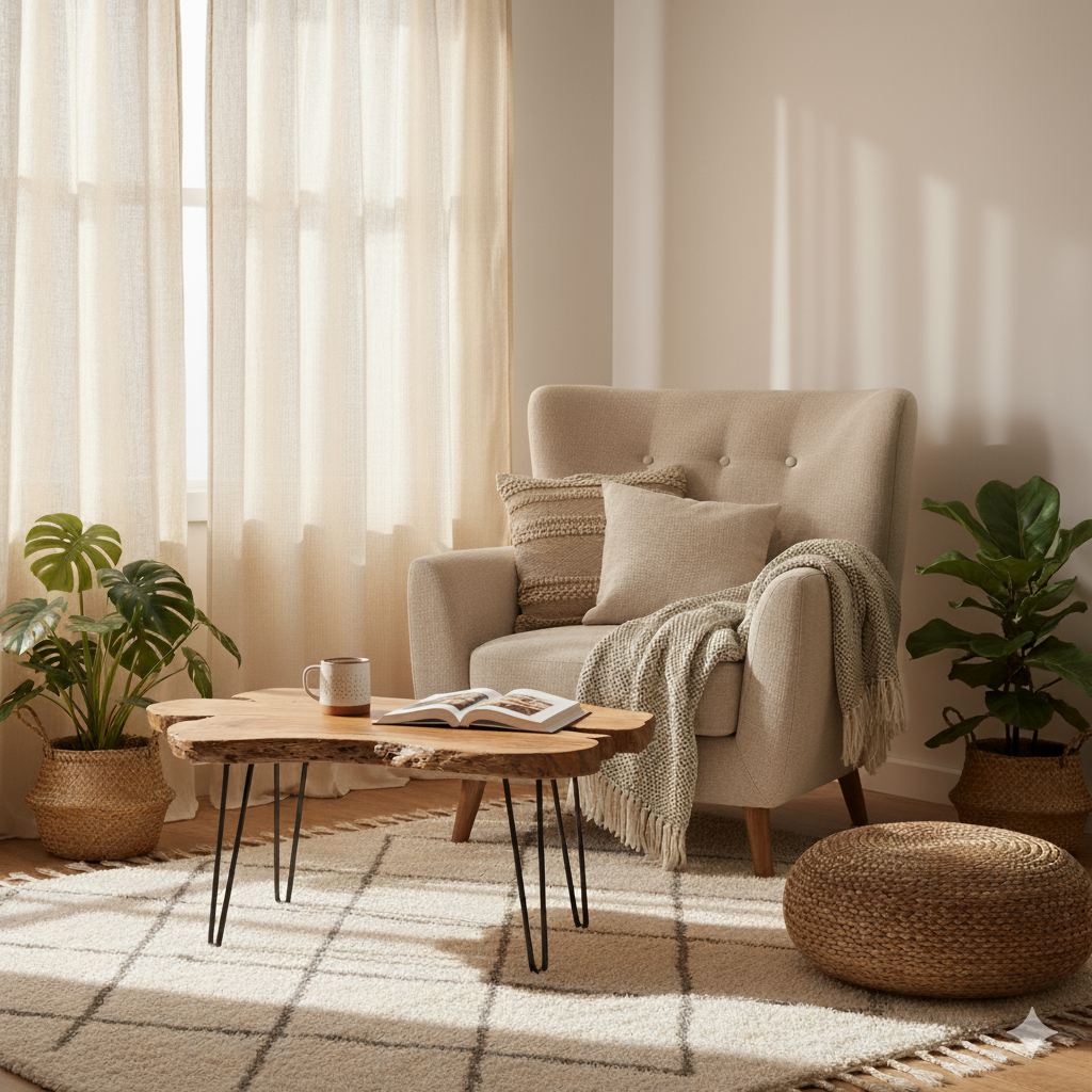Boho chic living room with beige armchair, wooden coffee table, and soft natural light through sheer curtains.