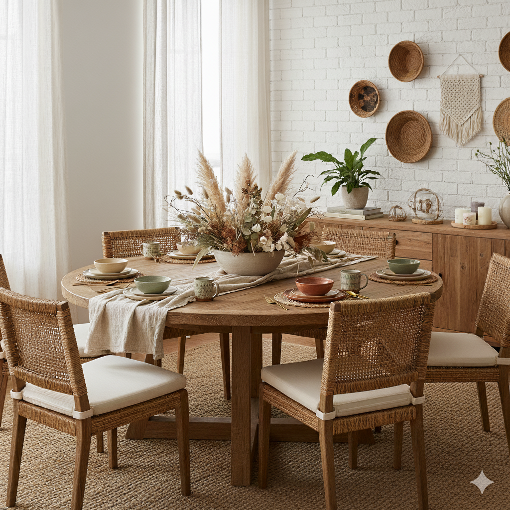Boho chic dining area with wooden table, rattan chairs, and soft pendant lighting.