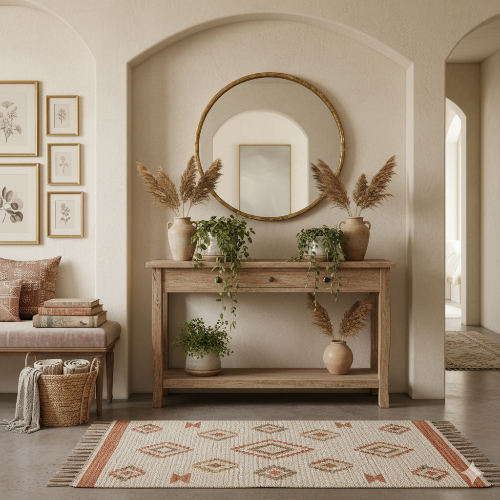 Boho elegant entryway with rattan console, mirror, and warm neutral decor.
