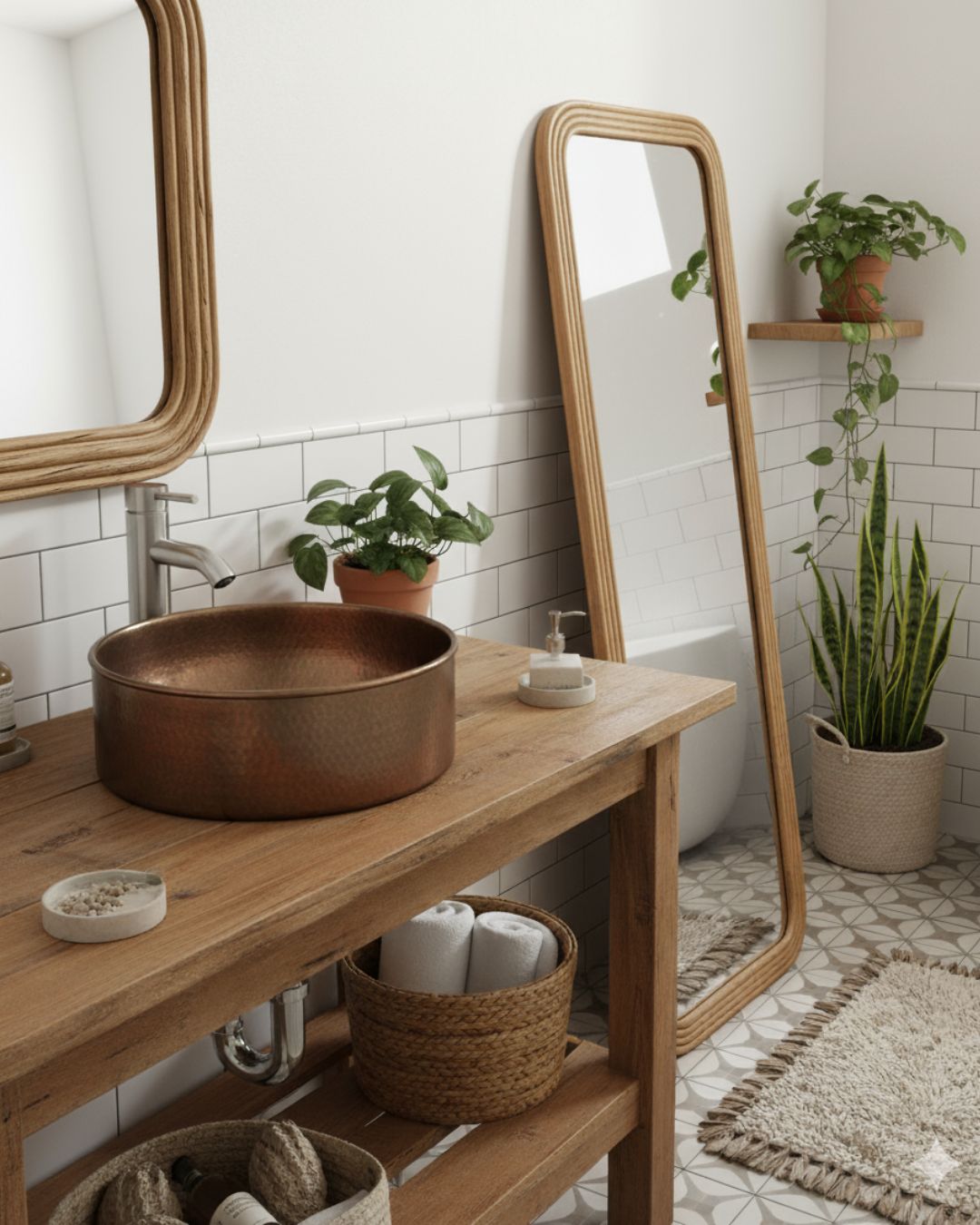 Brushed nickel single-handle faucet by VOTON installed on a sink against white subway tiles in a modern boho bathroom