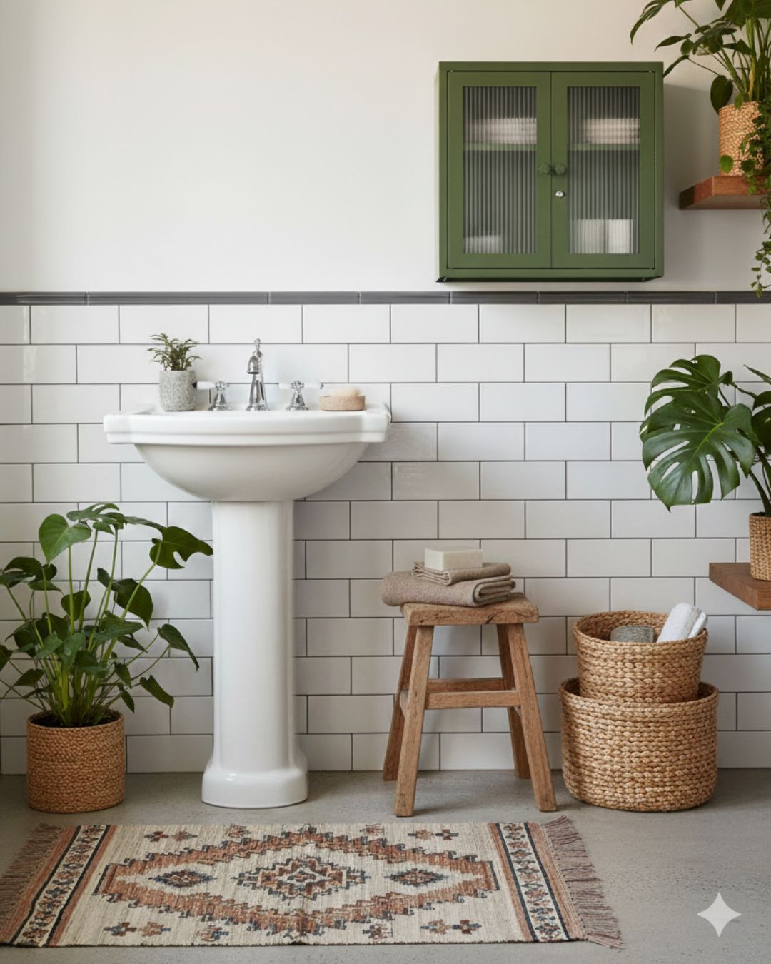Olive green wall-mounted metal cabinet from Mustard Made styled in a bohemian bathroom with white subway tiles