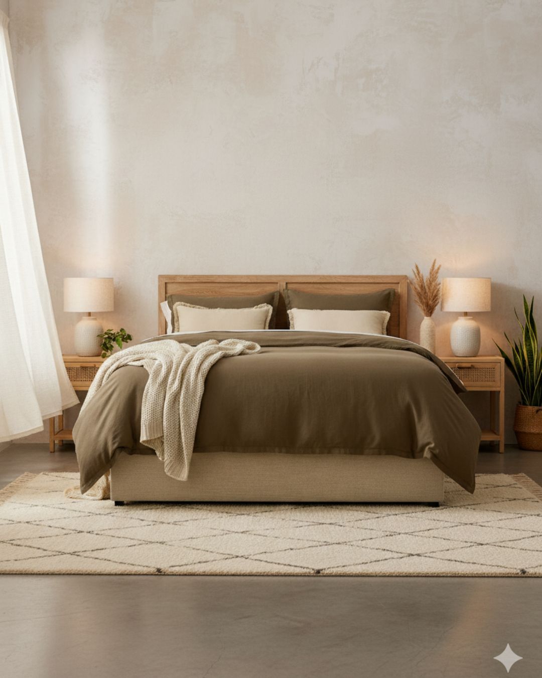 Neutral TENCEL™ linen duvet cover and shams bringing a calm, boho touch to a cozy bedroom