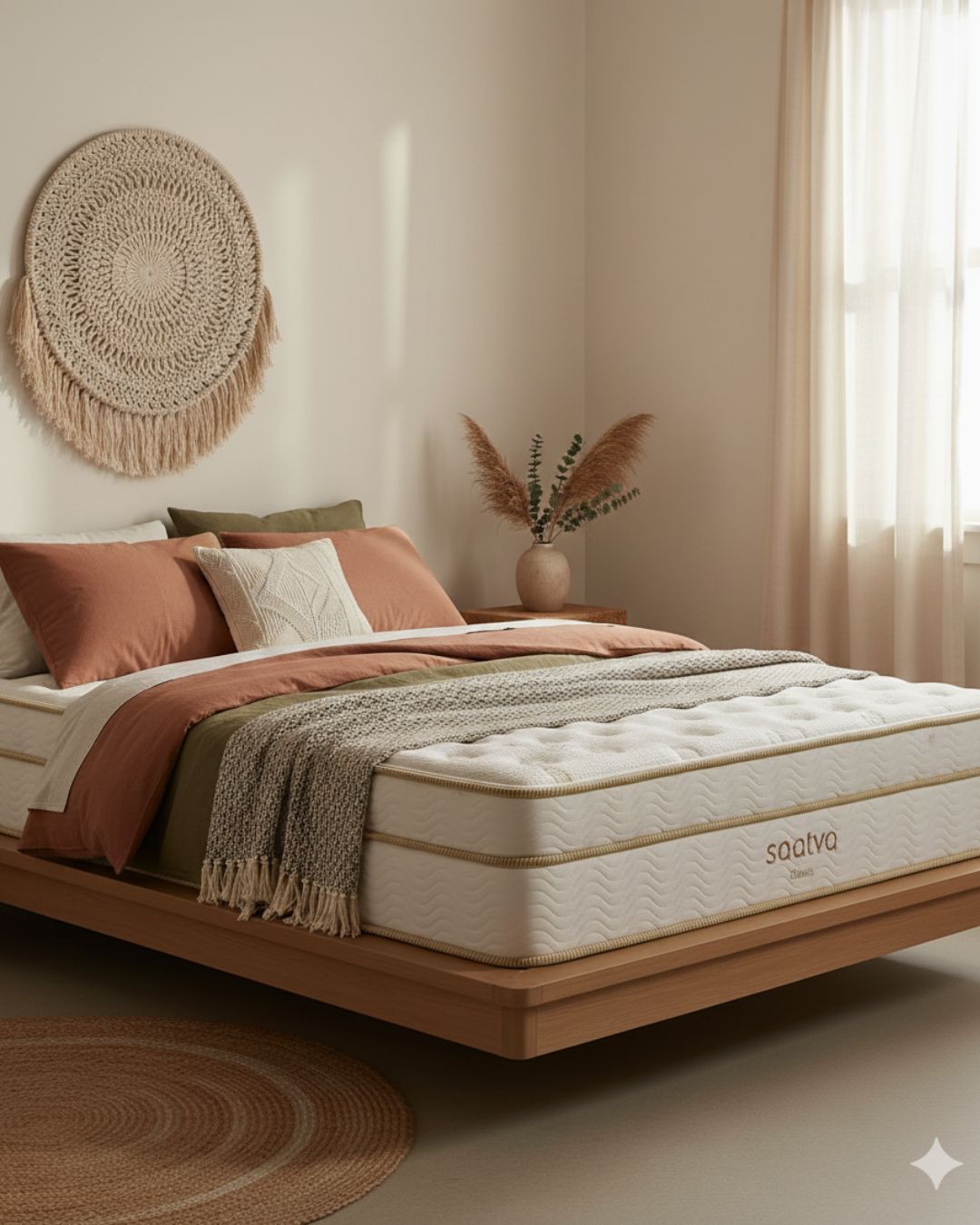 Saatva Classic luxury mattress with plush Euro top, styled in a simple boho-inspired bedroom