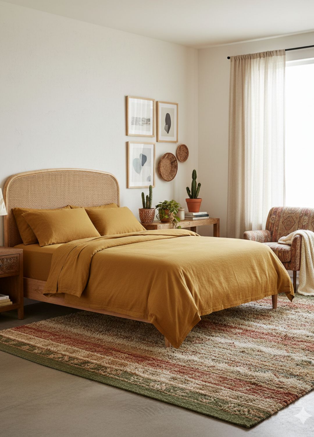 Bohemian bedroom with linen bedding, soft lighting, and earthy decor elements