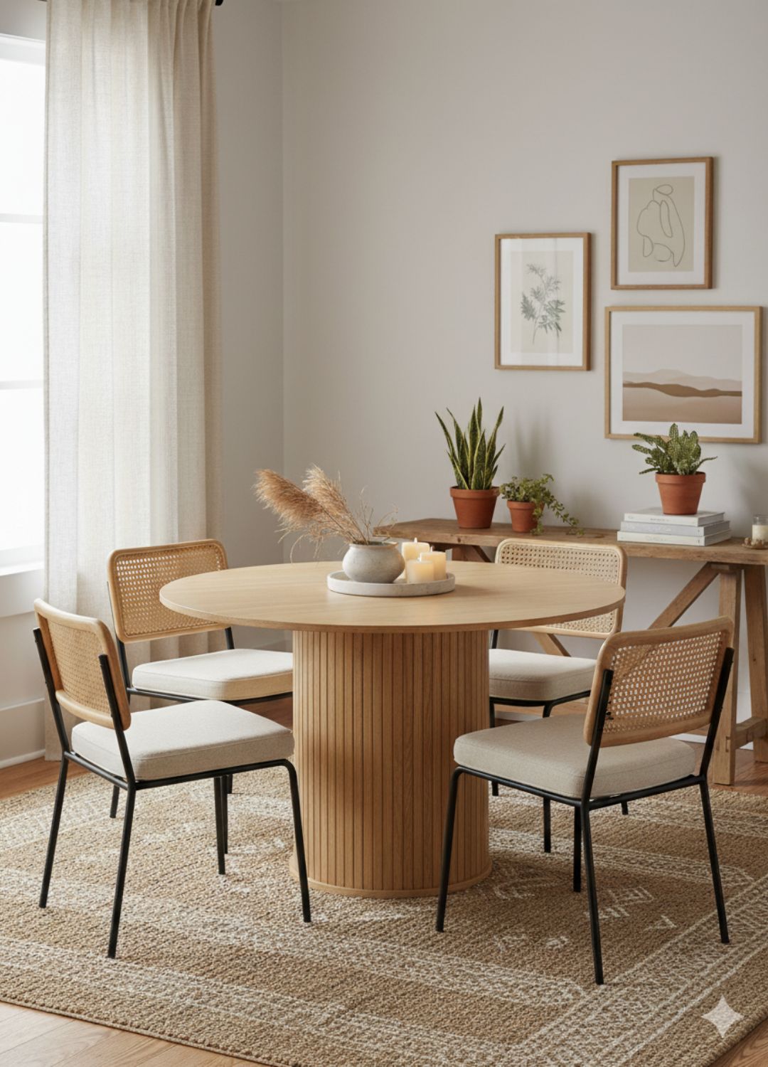 Bohemian dining area with wooden table, rattan chairs.