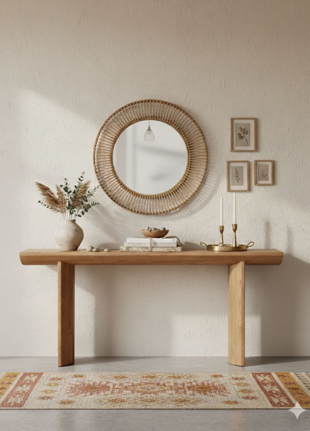 Elegant bohemian entryway with woven rug, natural mirror, and wood console table.