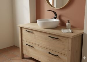 Matte black single-hole faucet with deck plate installed on a warm bohemian-style bathroom vanity.