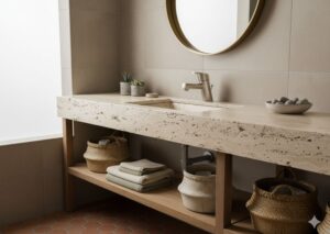 Brushed nickel Amalfi single-handle faucet styled in an earthy modern boho bathroom.