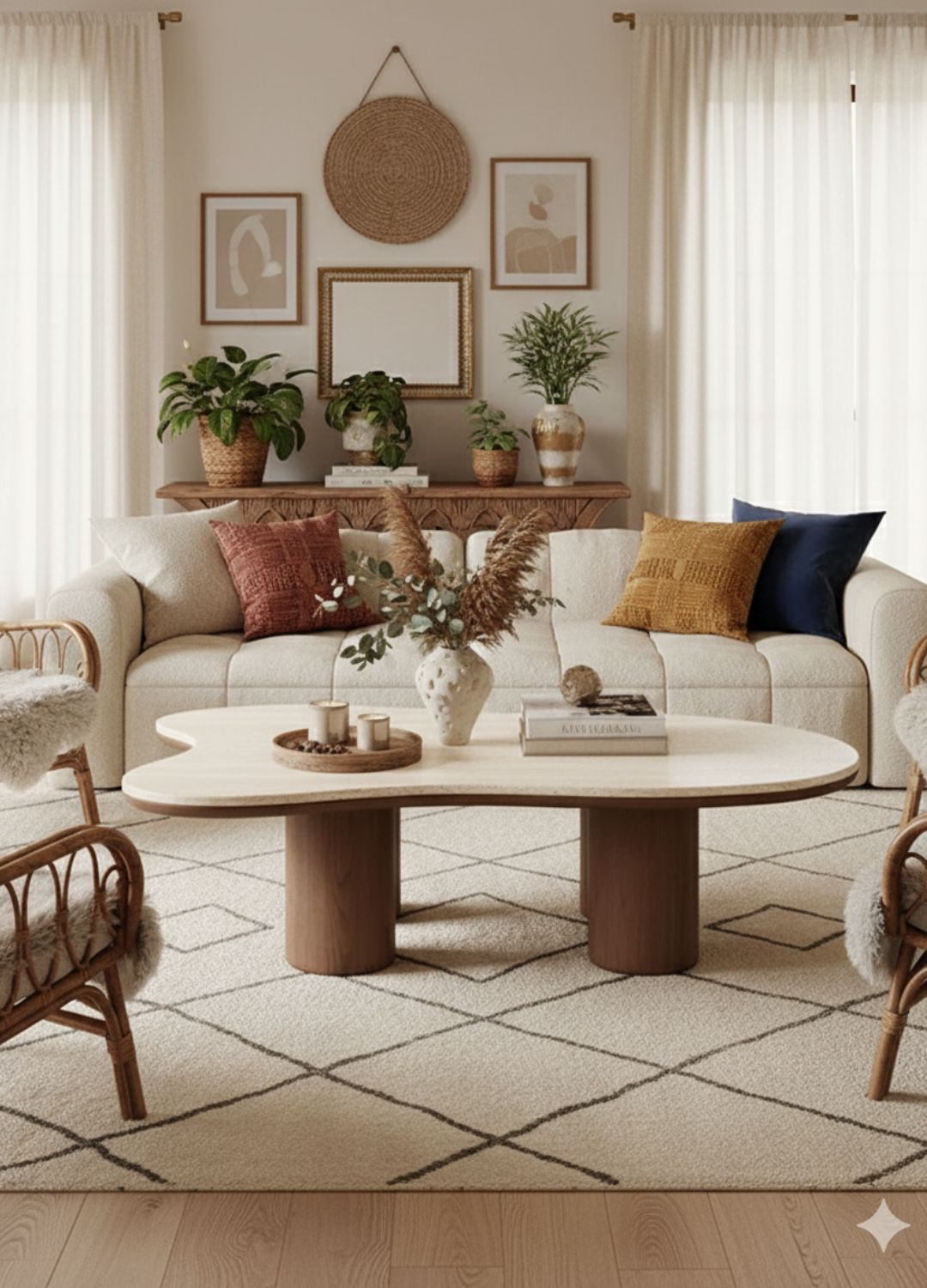 Elegant bohemian living room with natural textures, rattan furniture, and warm earthy tones
