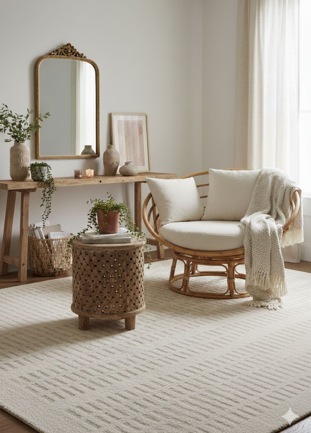 Ivory-beige textured area rug in a boho chic living room with layered natural textures and soft lighting.