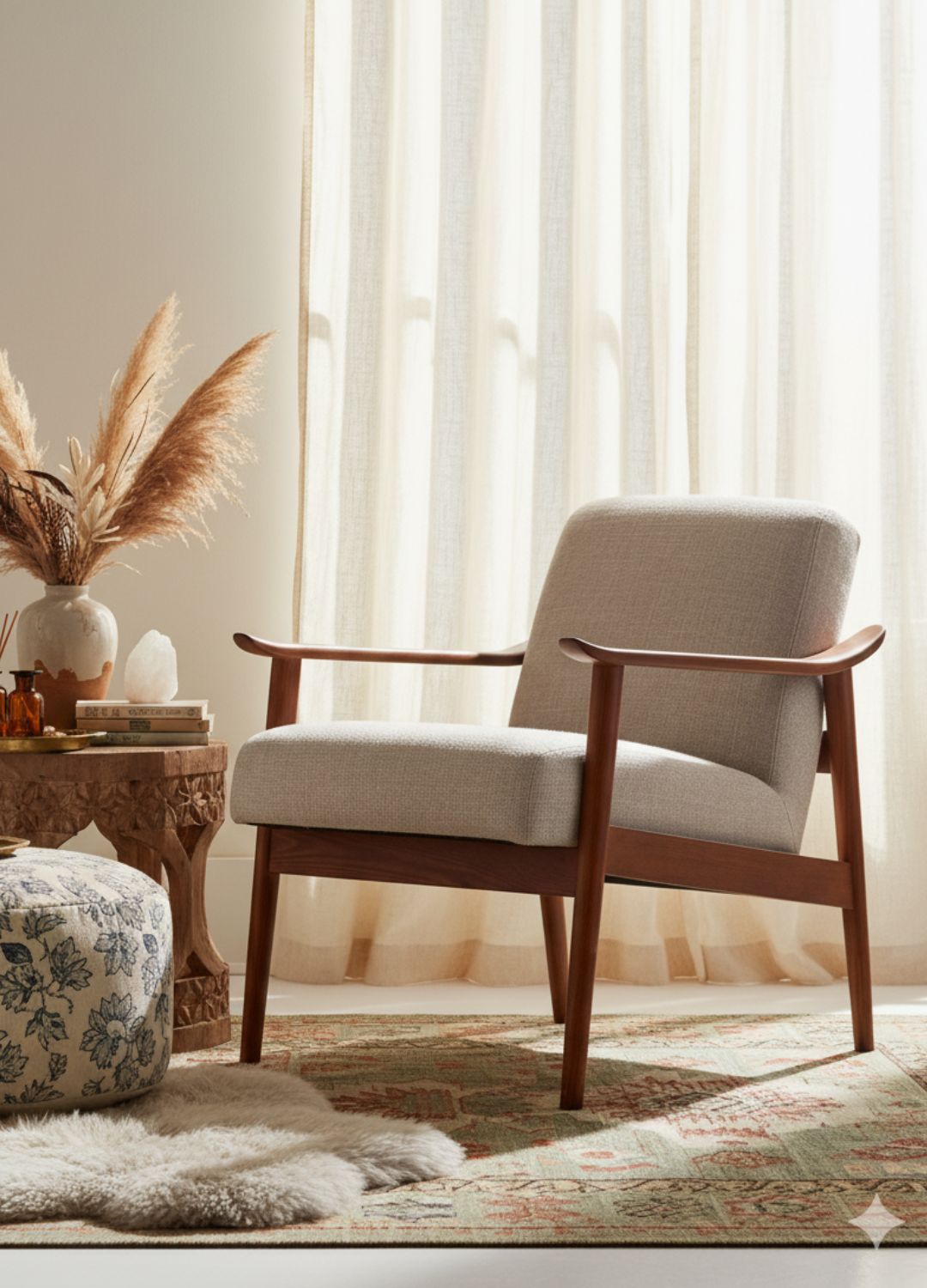 Beige armchair with wooden arms in a cozy boho living room, styled with a pouf, textured rug, and sheer curtains letting in soft sunlight.