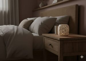 Small constellation hurricane candleholder glowing in a boho room.