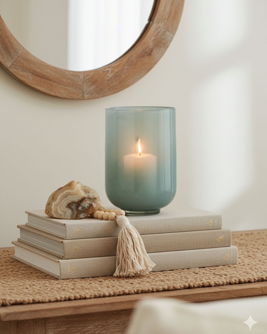 Elegant boho entryway with books, a candle holder, and warm earthy tones creating a cozy welcoming vibe