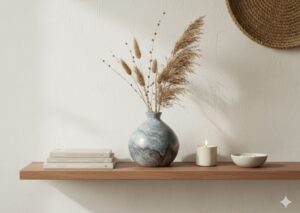 Small blue Sahar ceramic vase 5-inch size on a boho shelf.