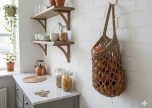 Small boho woven wall basket hanging on a beige wall.