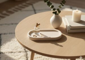 Marble beige oval tray holding jewelry on a boho coffee table.