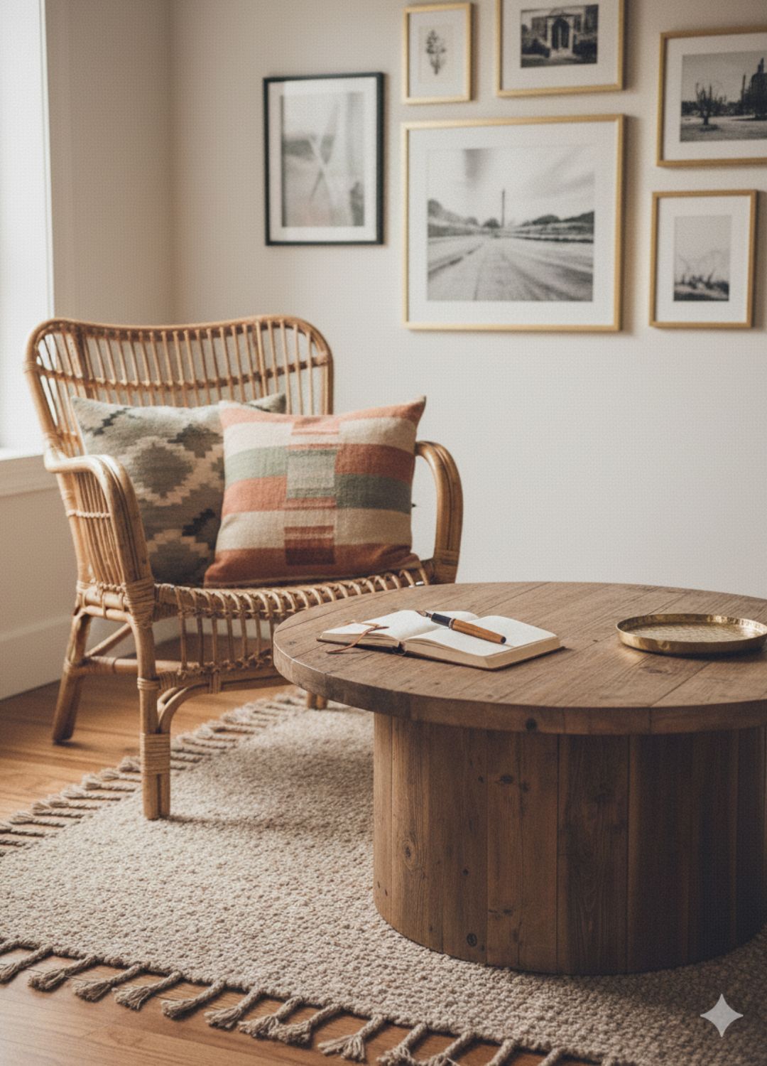 Bohemian chic living room with rattan chair, wall art gallary, earthy tones, and cozy natural lighting