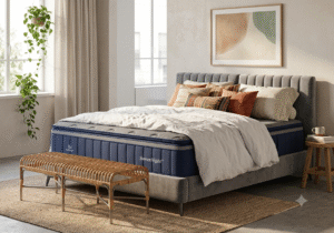 SweetNight CoolNest Pro memory foam mattress styled in a warm boho bedroom with soft neutral bedding and cozy layered textures.
