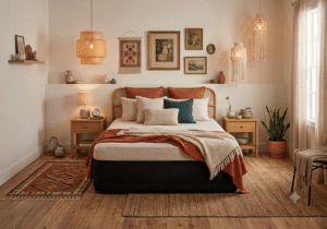 Boho bedroom featuring a modern memory foam mattress with layered neutral bedding, woven pendant lights, and cozy decor for every sleep style.